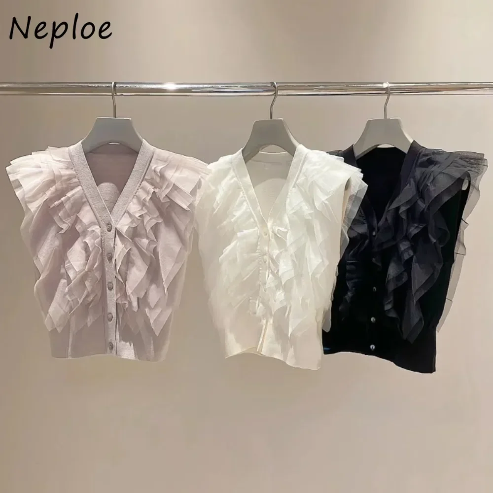 Neploe Sweet V Neck Sleeveless Patchwork Jumper Knit Voile Single Breasted All-match Cardigan Japanese Fresh Ruffles Sweaters