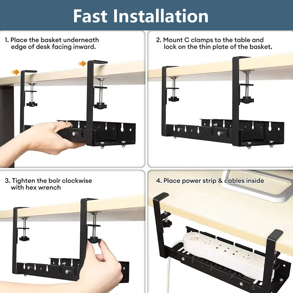 Under Desk Cable Management Tray Clamp Mounted Cable Storage Rack Retractable Wire Management Rack Heavy Duty for Standing Desk