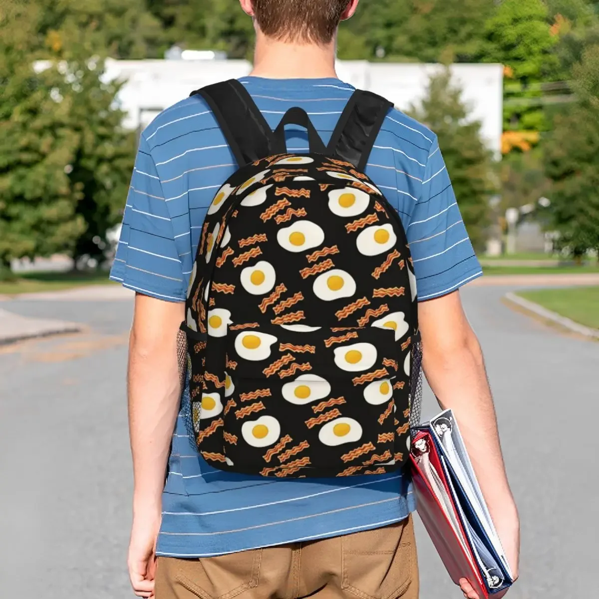 Mochila escolar de Bacon y huevos para desayuno, bolso de hombro de gran capacidad para estudiantes de dibujos animados, para adolescentes