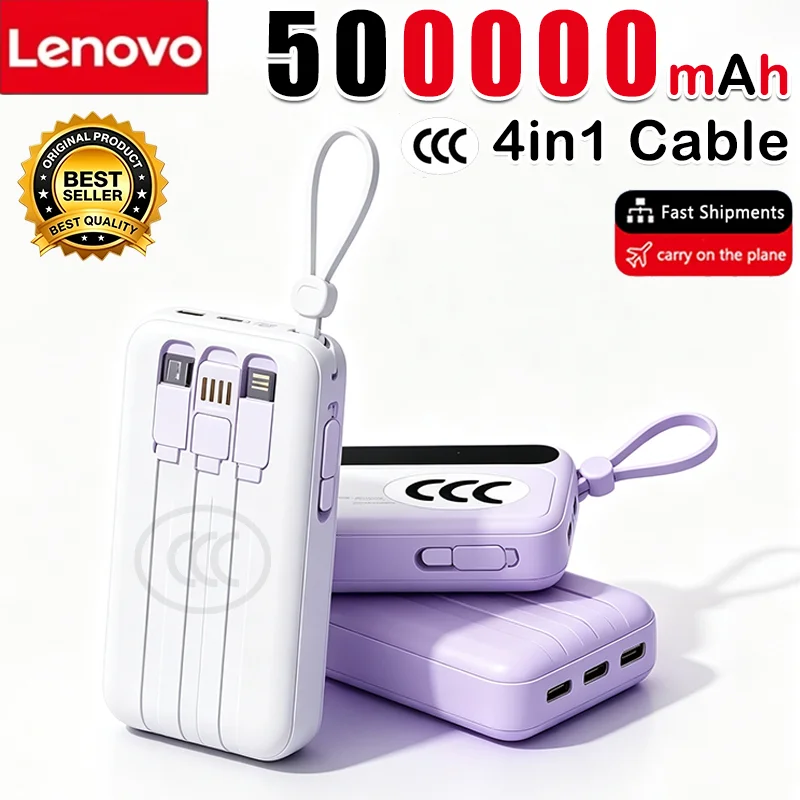 Lenovo Fast Charging External Battery 500000mAh CCC Mini Charger 4 Integrated Cables Portable Power Bank For iPhone Xiaomi
