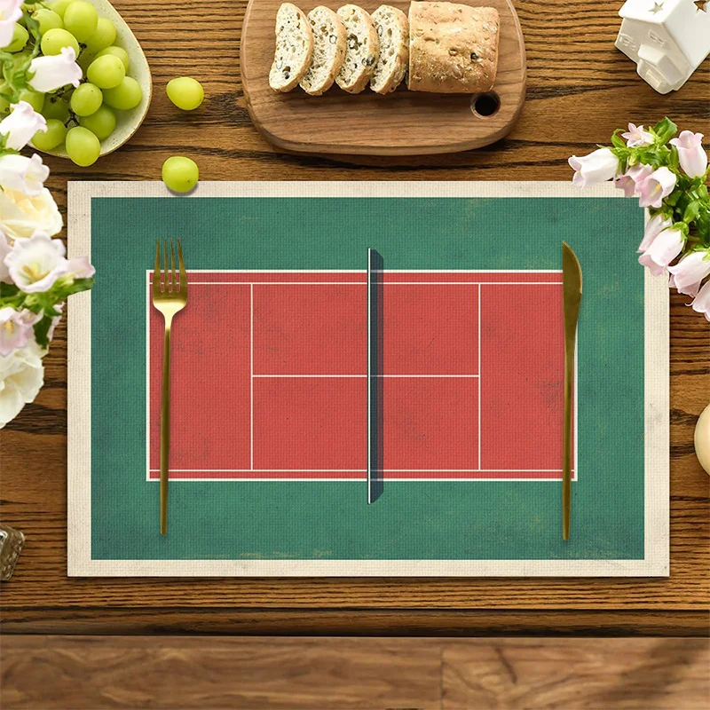 1pcs Tennis Court Print Tableware - Washable Polyester Table Mats, Red Tennis Court Design for Party and Home Decor,
