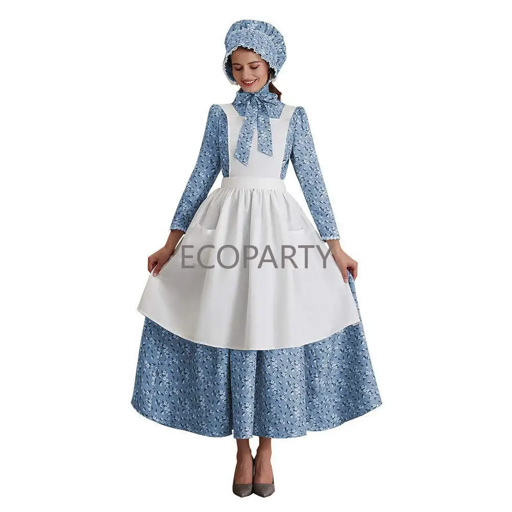 Womens Girls American Pioneer Costume Dress Historical Modest Prairie Colonial Floral Dresses Maid Dresses Costume