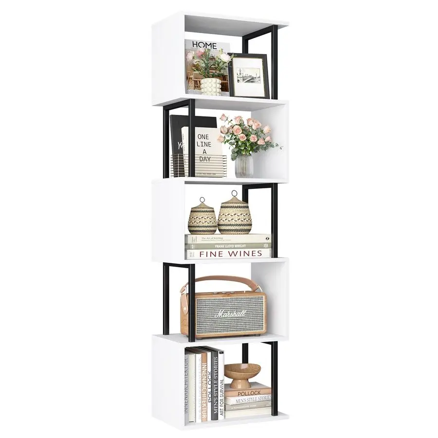 

Bookshelf 5Tier, Geometric Bookcase S Shaped Book Shelves for Bedroom, Modern Wood Decorative Display Shelf Book Case for Home