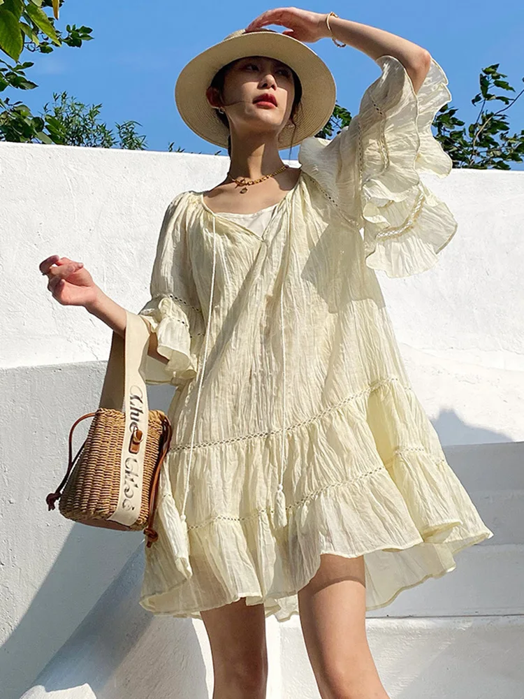 GypsyLady France Elegant Chic Dresses for Women Tiered Loose Beige Flare Sleeve V-neck Sheer Sexy Vocation Casual Ladies Dress