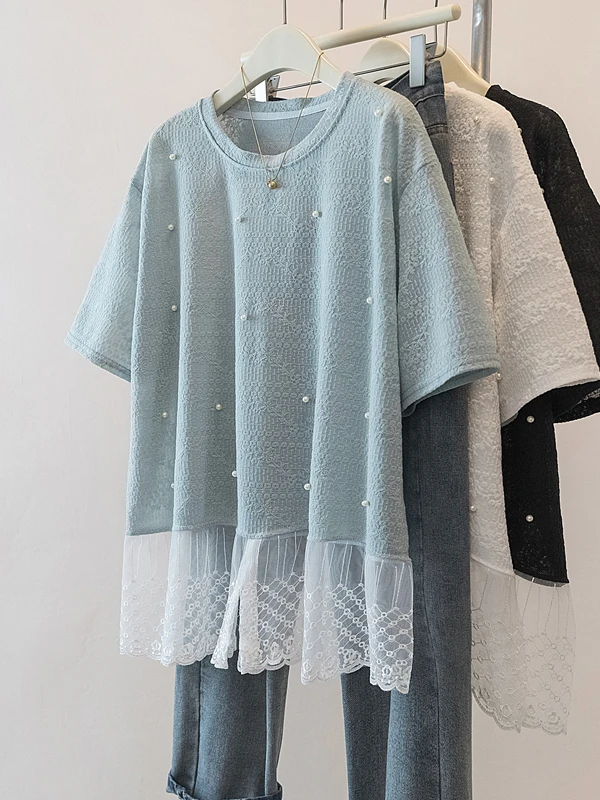 

Heavy Embellished Short Sleeve T-Shirt Women Summer Lace Hem Midi Length Slimming Top Fashionable Casual Loose Fit round Neck