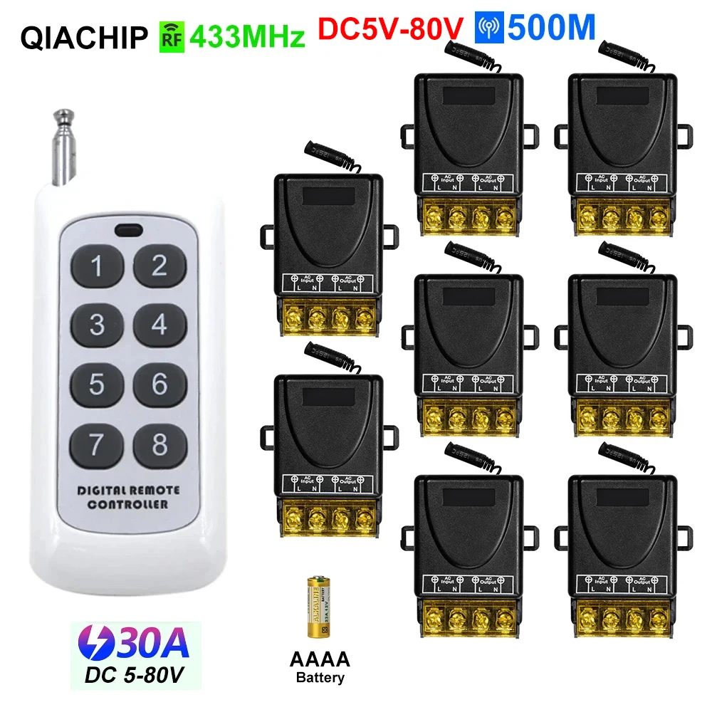 433Mhz Wireless Remote Control Switch 30A DC 12V 5V-80V 24V 48V High Power RF Relay Receiver for Pumps Light Lamp LED 500m Range