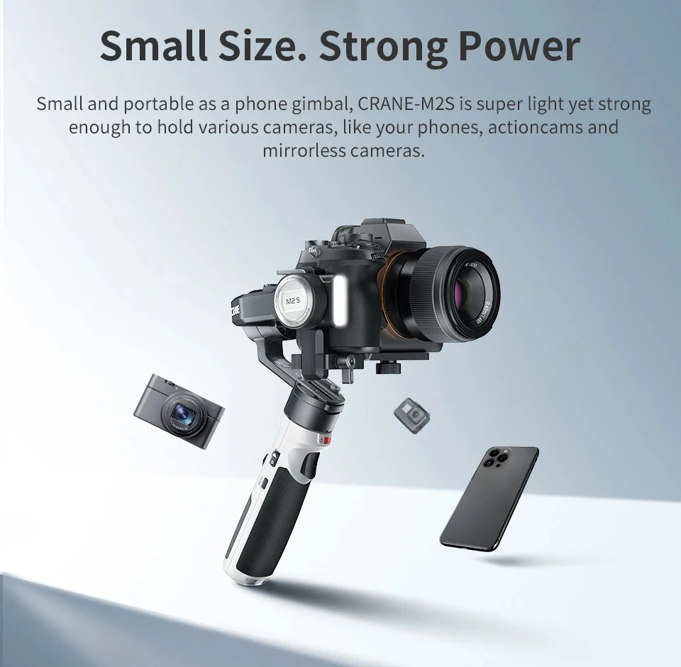 ZHIYUN CRANE M2S 3-axis handheld camera gimbal stabilizer CRANE M2S for Sony, Fuji, Nikon, DSLR, mirrorless camera, iPhone 14