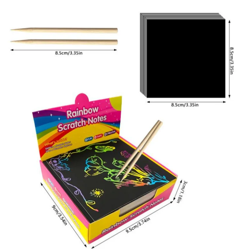 1 Box of 100 Pieces of Rainbow Scratch-Off Mini Art Sticky Notes, Handmade Art Party Supplies, Birthday and New Year Gifts, Creative Colorful Doodles