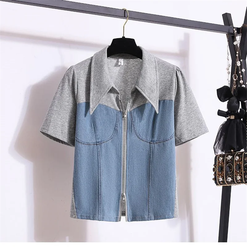 2PCS New Denim Join Together Women\'s Suit Summer Thin zipper Top + Wide Leg Pants 2 Piece Set Loose  Casual Lady Two-Piece Suit