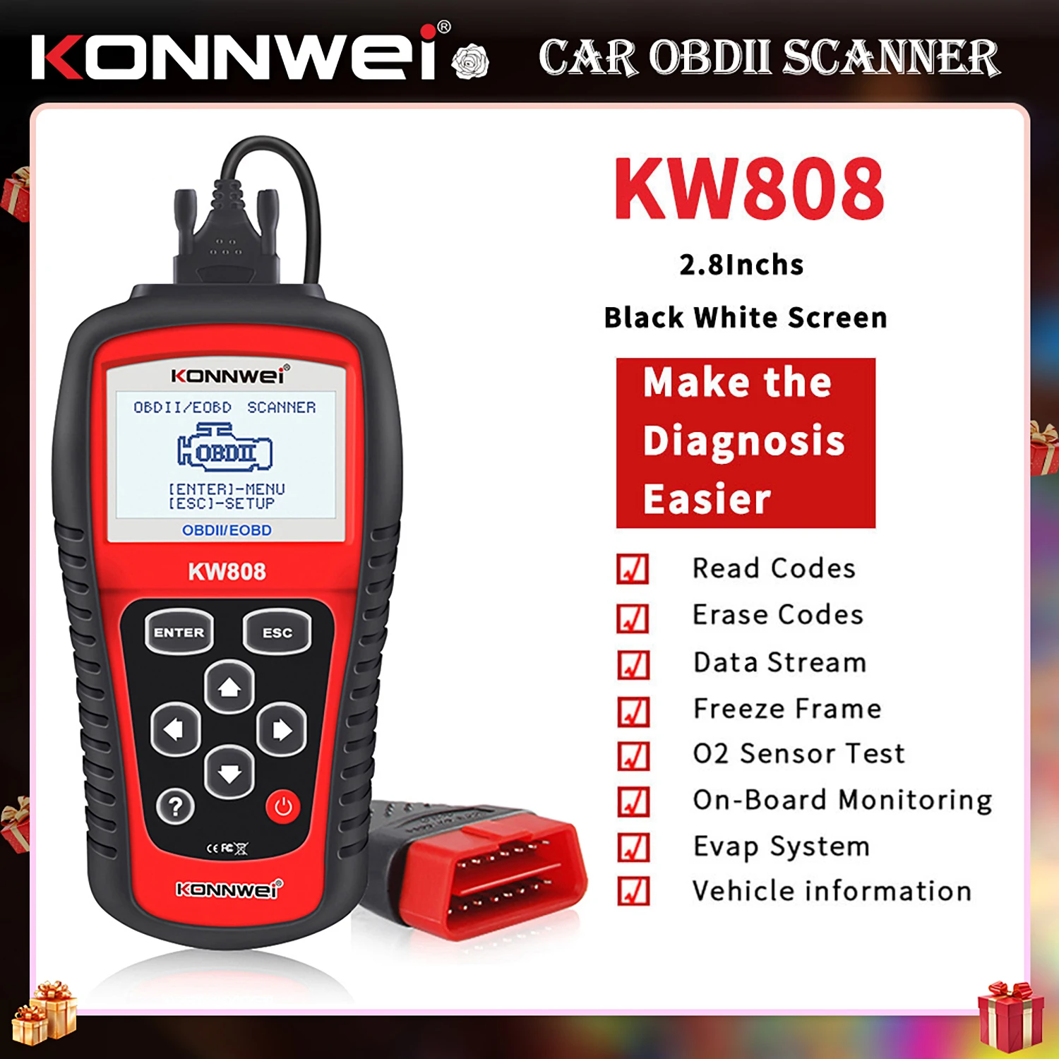 KONNWEI KW808 12V Car OBD2 Scanner EOBD CAN Engine Fault Code Reader Professional Automotive Diagnostic Scan Tool