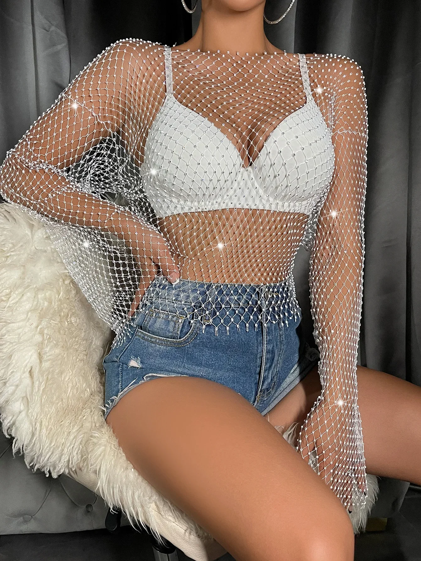 Women Sexy Mesh See Through T Shirt Shiny Rhinestone Fishnet Hollow Out Crop Top Long Sleeve Beach Cover Up Party Club Tank Tops