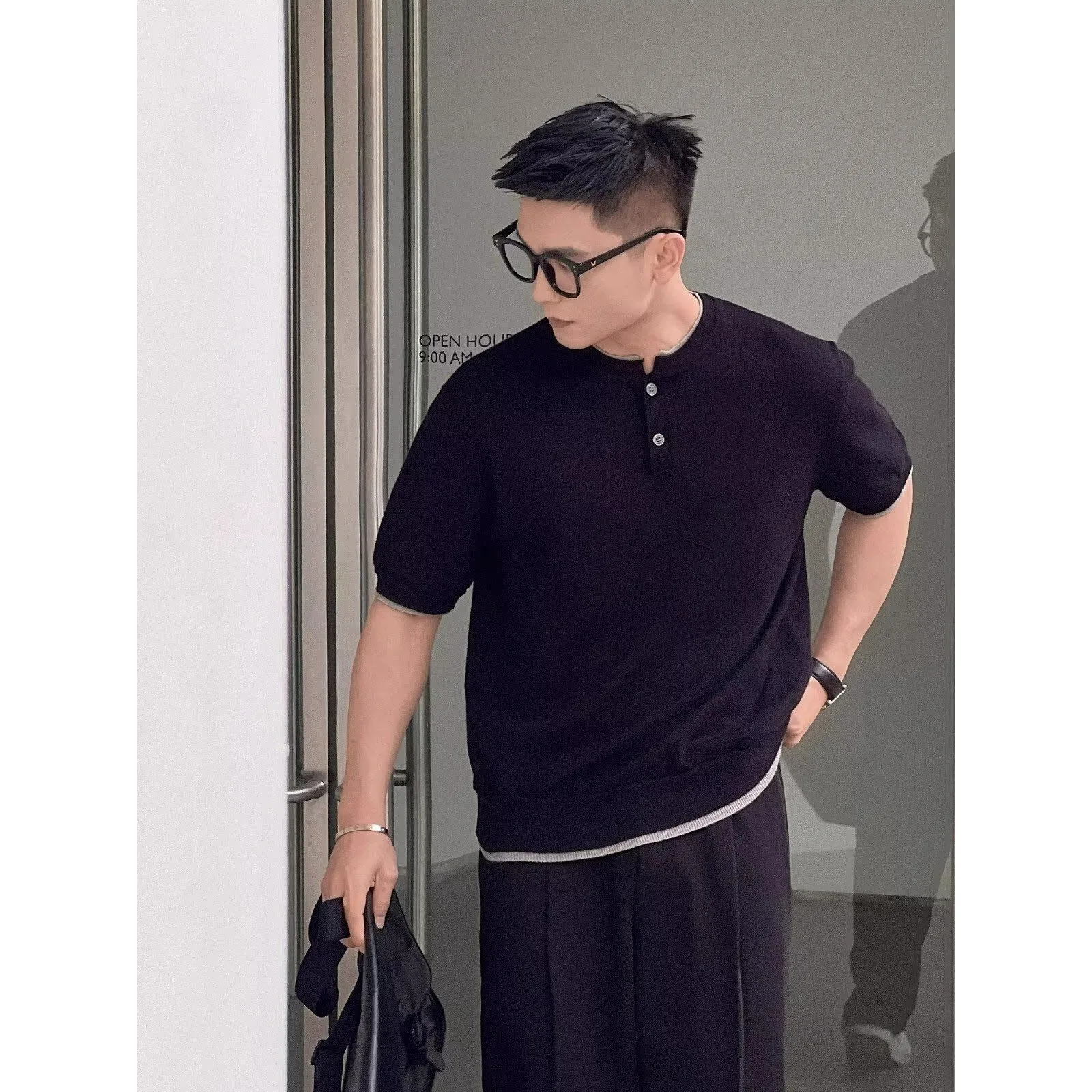 Summer Fake Two-Piece Henley Ice Silk Cooling Breathable Short Sleeve Knit T-Shirt Men's Premium Business Casual Top