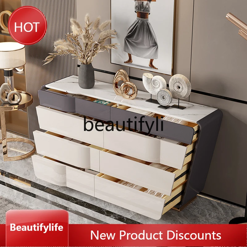 

07 Light Luxury Style Eight-Drawer Cabinet Solid Wood Italian Minimalist Storage Cabinet Living Room Sideboard Eight-Drawer