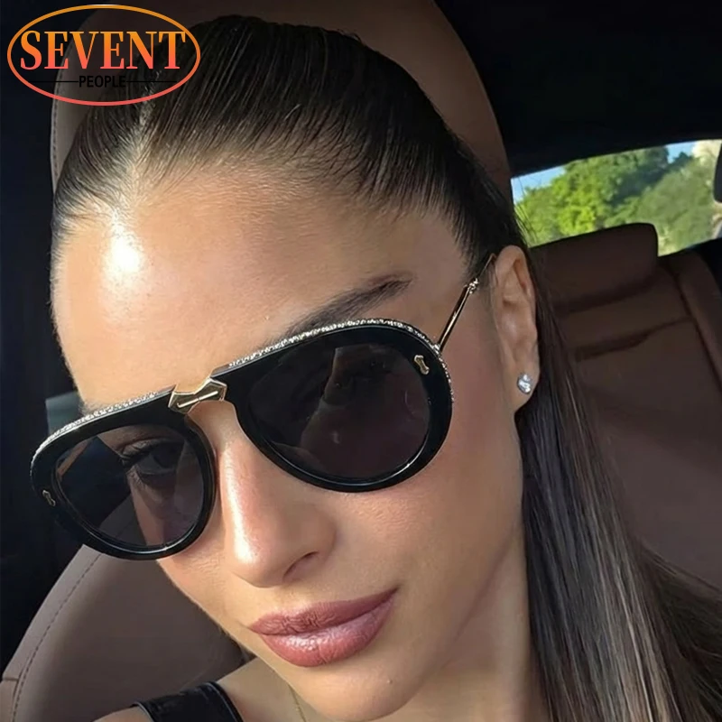

Oversized Oval Rhinestone Sunglasses Women 2026 Luxury Brand Y2K Punk Metal Frame Pilot Folding Sun Glasses Ladies Fashion Shade