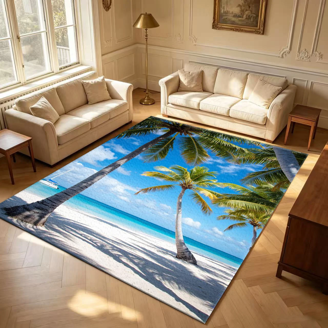 Tropical White Sand Beach Coconut Palms Sailboat carpet flooring Ocean Scenery Home Rug