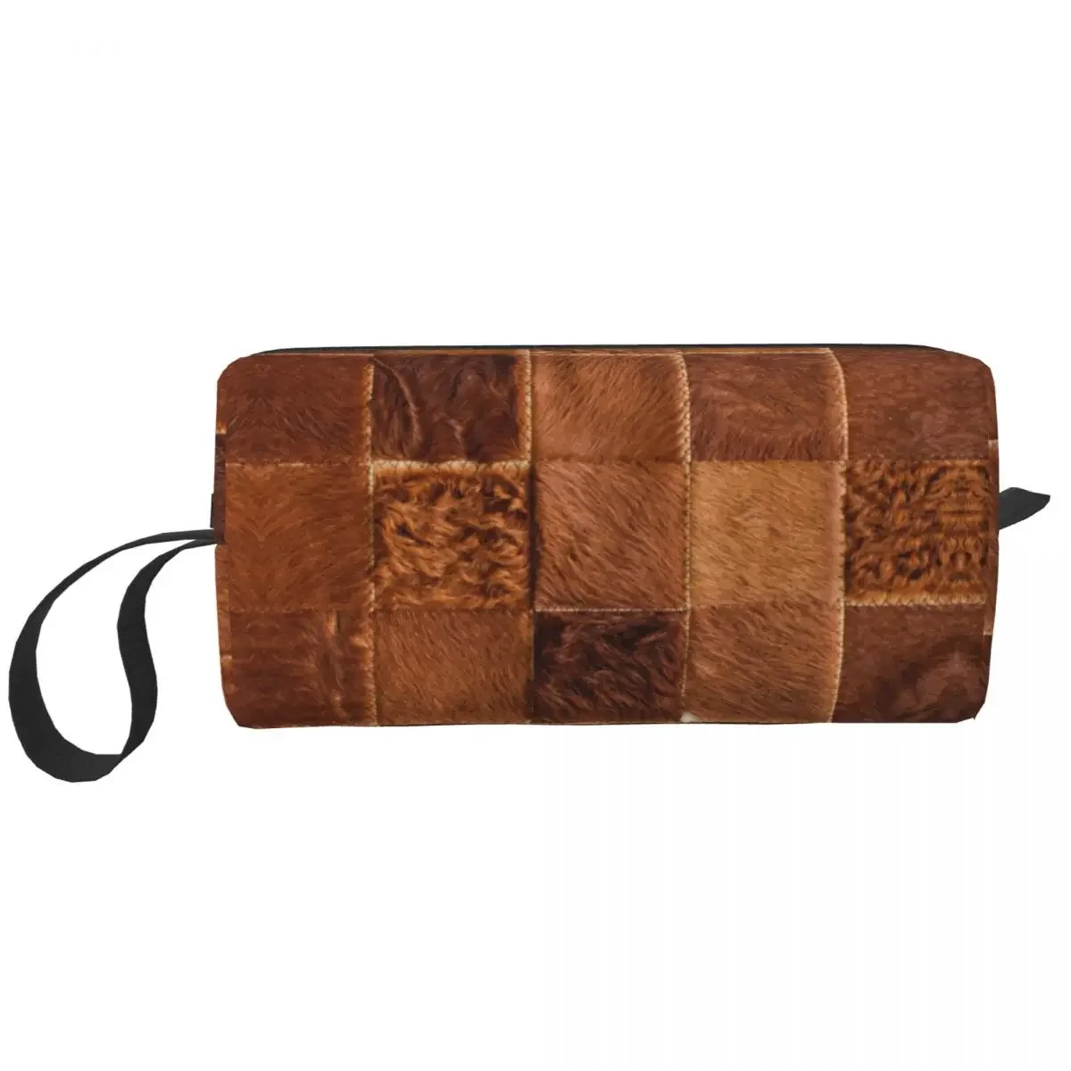 Brown Checkered Cowhide Patche Makeup Bag Women Cosmetic Organizer Cute Animal Fur Leather Texture Print Storage Toiletry Bags