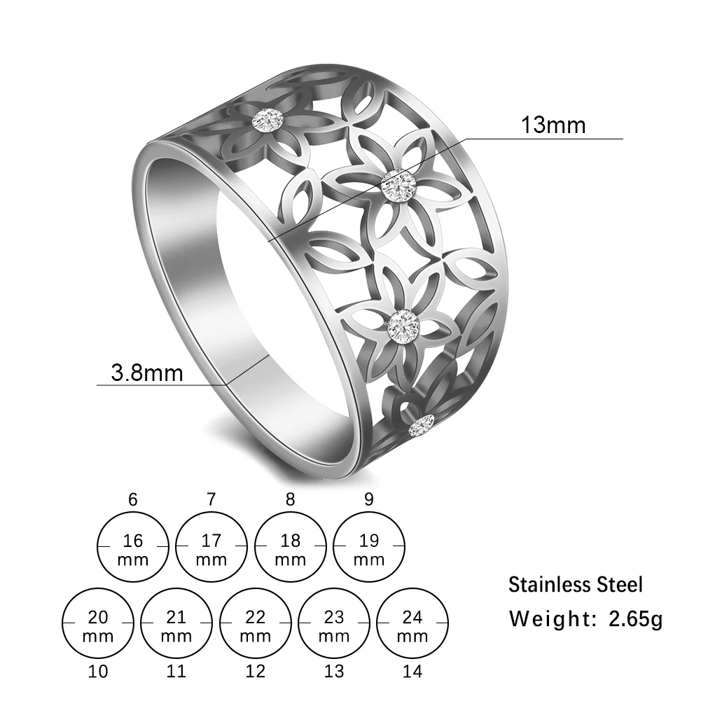 COOLTIME Flower of Life Zircon Rings Stainless Steel Rhinestone Engagement Finger Rings for Women Trend Jewelry Gift Wholesale