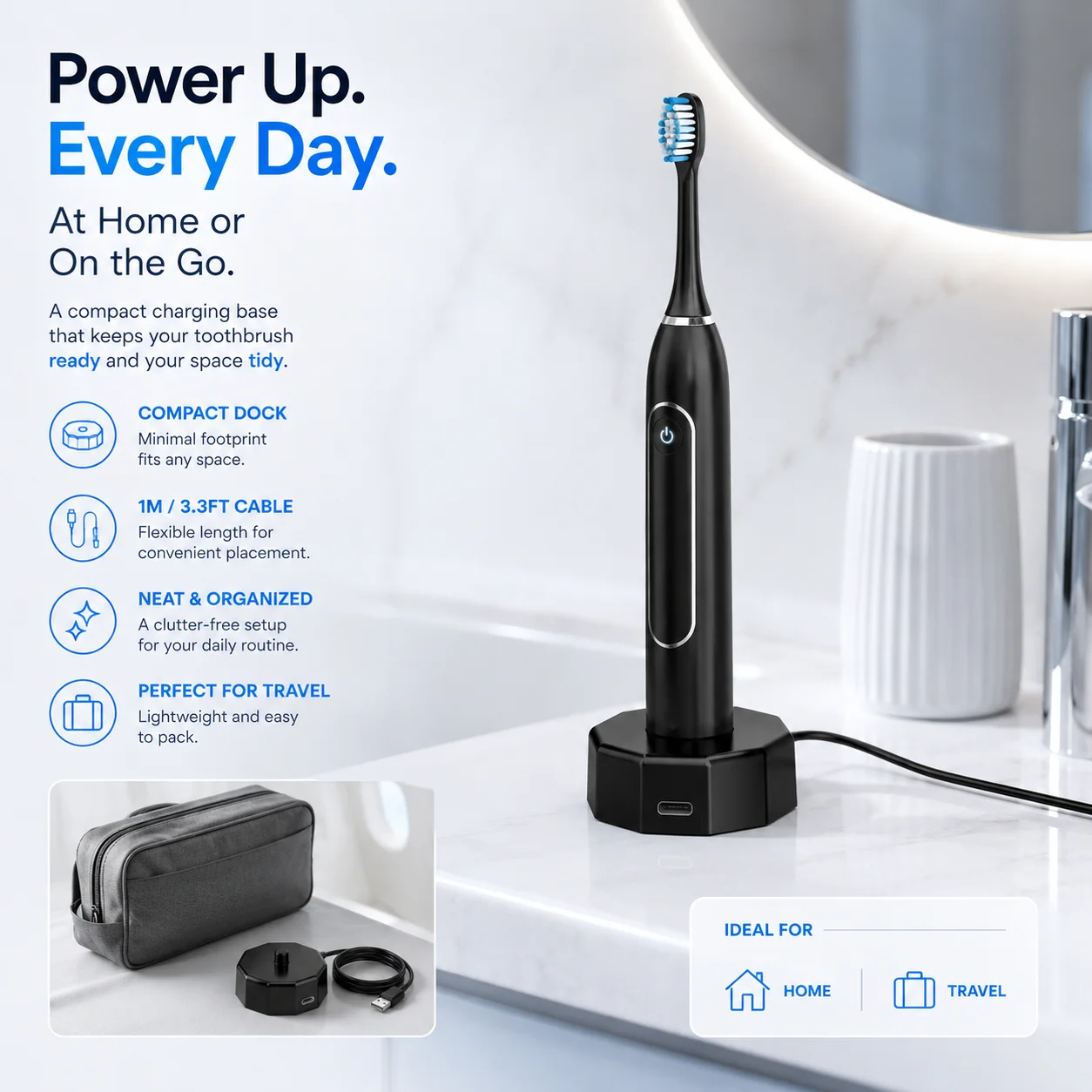 Universal Electric Toothbrush Charging Base  for AquaSonic Black ,Black Pro,Vibe Pro,Duo Pro Series Type-C Fast Charging Cable