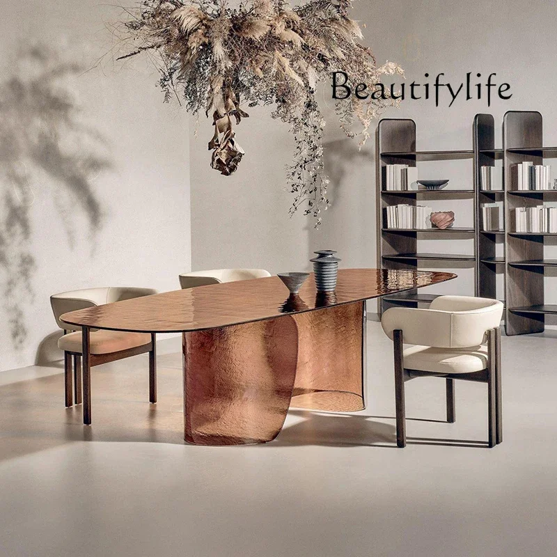 

Оригинальный дизайн X: Элитный обеденный стол из цветного стекла с термоплавкой укладкой, креативный художественный длинный стол для виллы