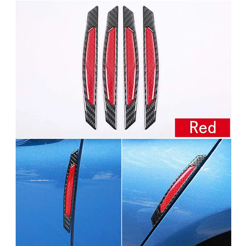 4Pcs Super Red Reflective Stickers Carbon Fiber Strips Car Side Door Edge Bumper Anti-Scratch Protection Guards Trim Stickers Un