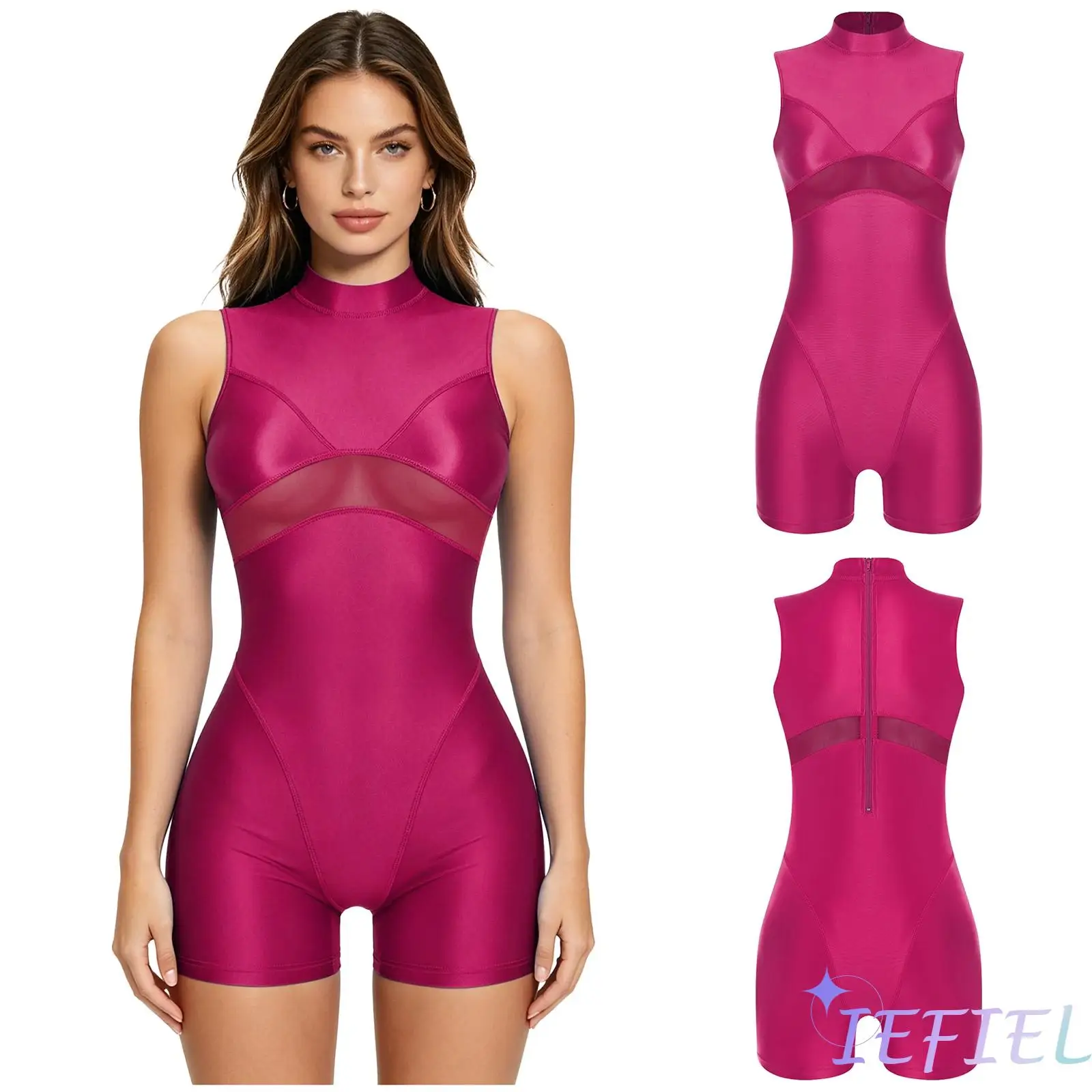 

Oil Shiny Swim Bodysuit for Women Sheer Mesh Mock Neck Sleeveless Back Zipper Boxer Bottom One Piece Yoga Modern Dance Playsuits