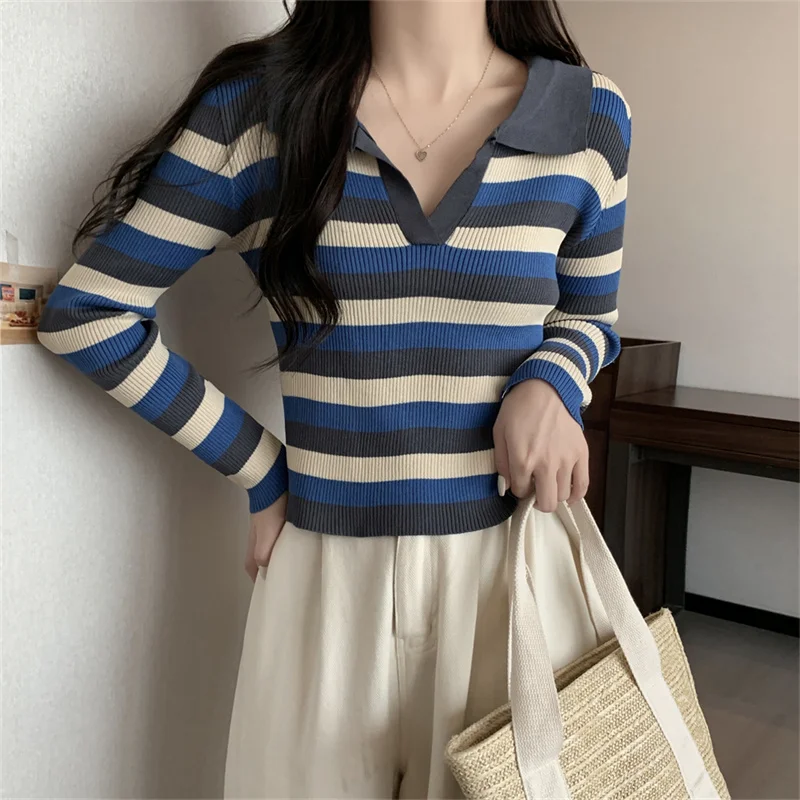 

Осень 2021, женская трикотажная футболка в полоску Ne Long Sve, свитер Sli Base Layer, модный милый японский сле