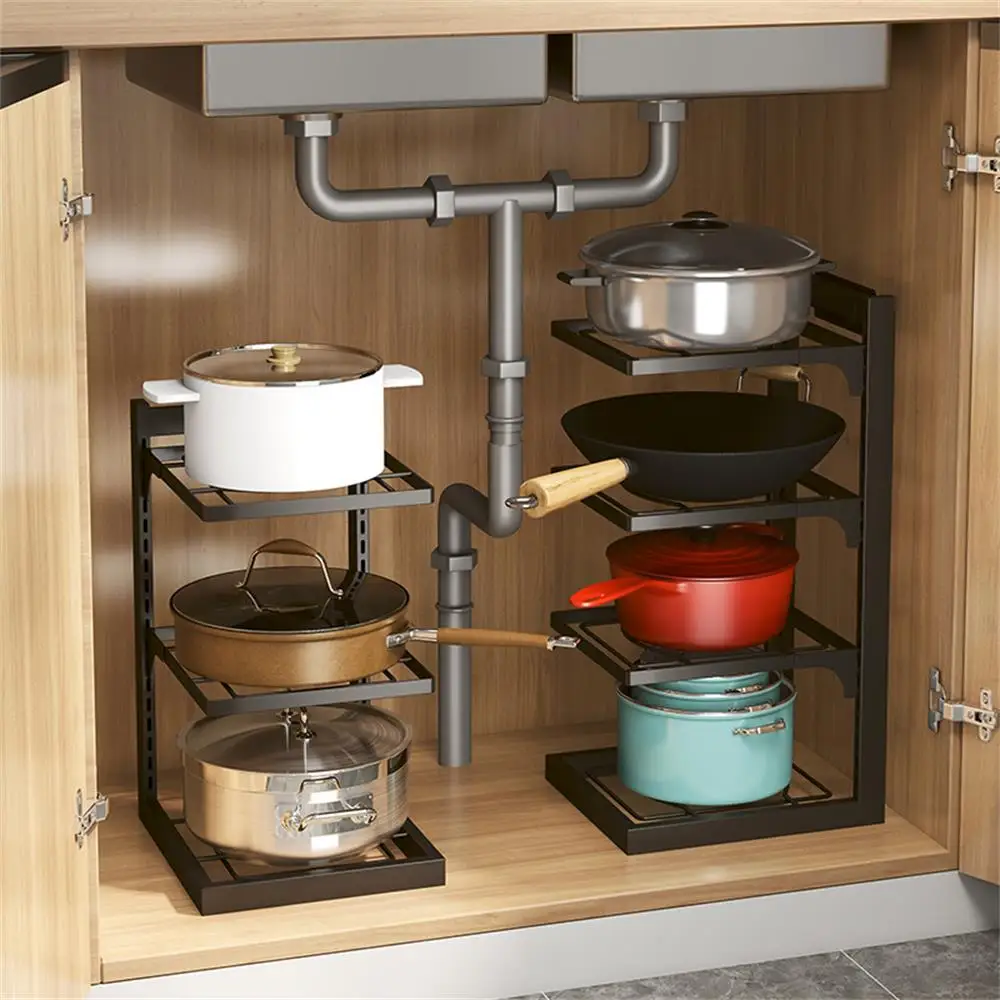 2/3/4 Layer Kitchen Sink Storage Rack Multi-Layer Cooker Storage Rack For Home Stovetop Cabinets Adjustable Pot Rack