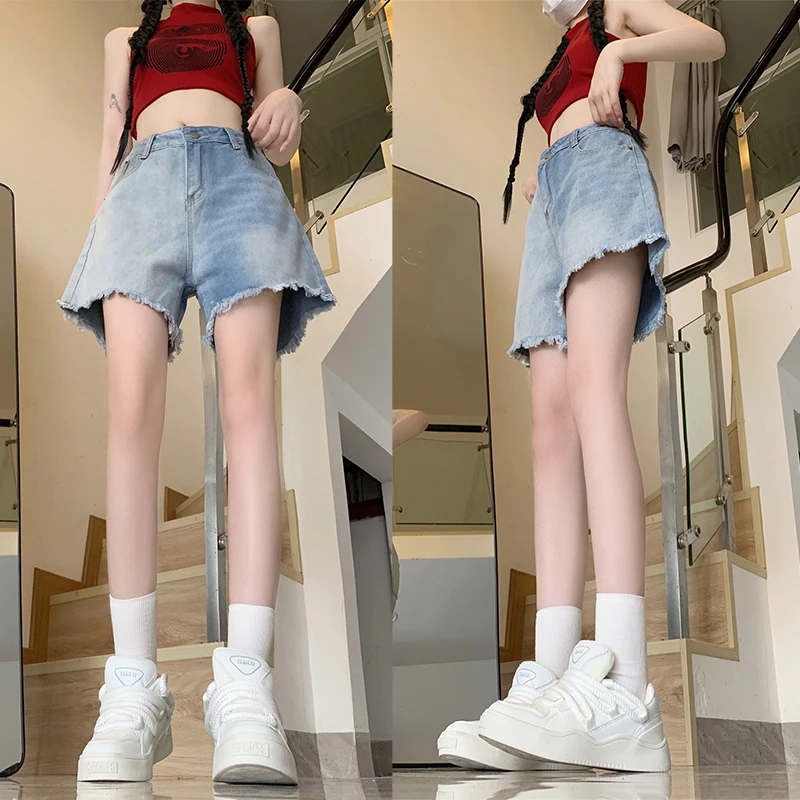 

Woman High Waist Patchwork Wide Leg Jeans Female Vintage Streetwear Baggy Mini Pants Lady Light Blue Korean Fashion Denim Shorts