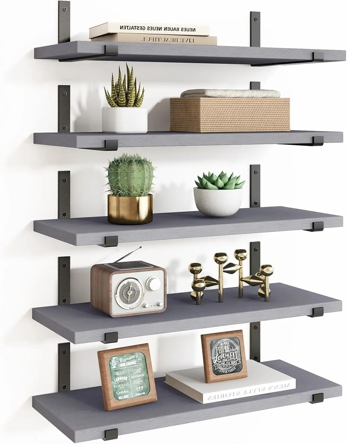 

Floating Shelves Set 5, Width 4.7 Inches Wall Shelves, Rustic Wood Wall Strg Shelves for Bed, Living Rm, Kit, Bath (Grey)