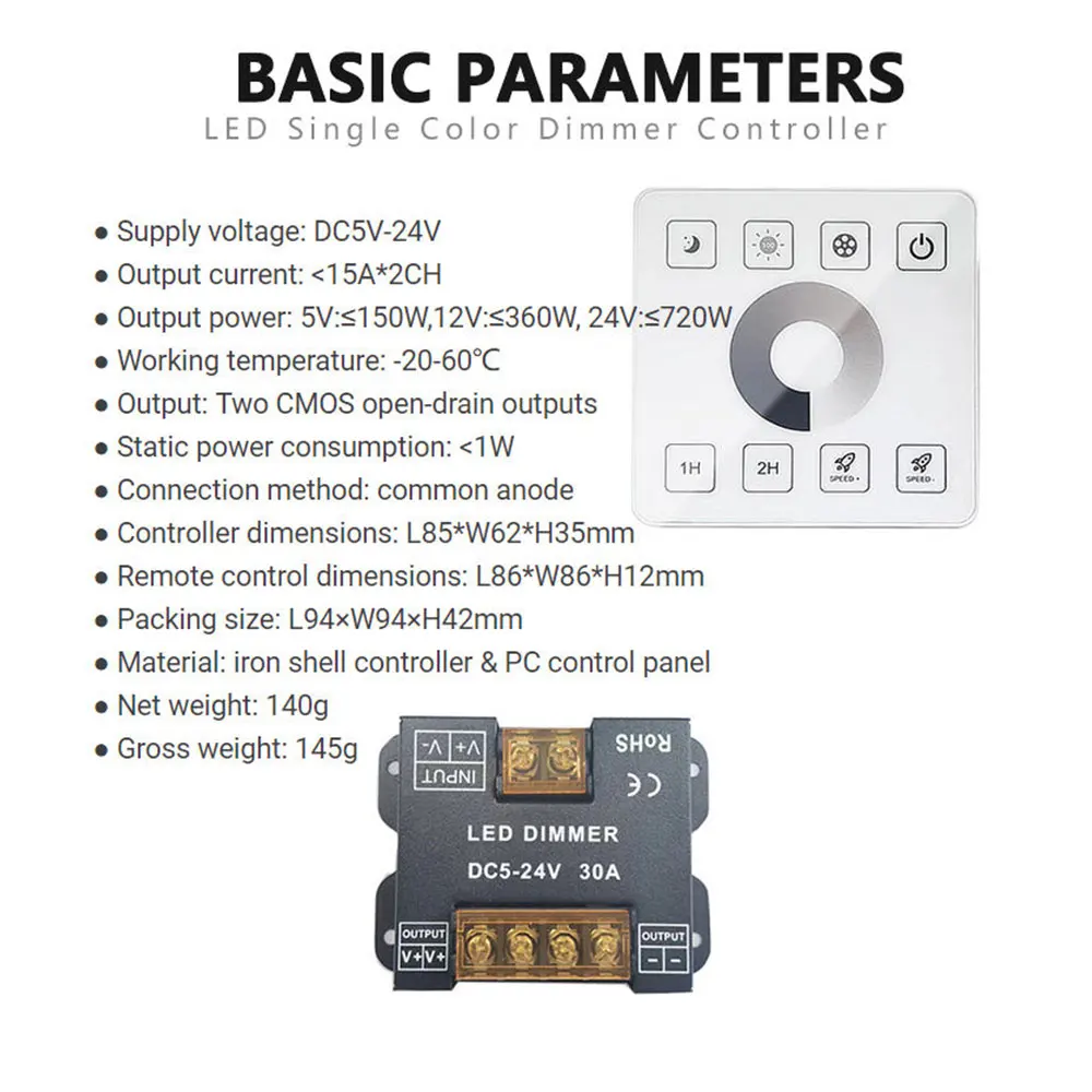 LED Lights with RF Touch Panel 30A High Power Cable Free Single Dual Multicolour RGB Controller 12V-24V