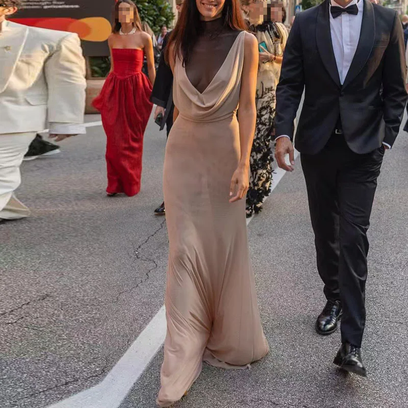 Abito da ballo sexy in rete impiombata con scollo a U increspato Primavera solido trasparente attraverso abito lungo sottile Abito estivo senza maniche con maxi abiti