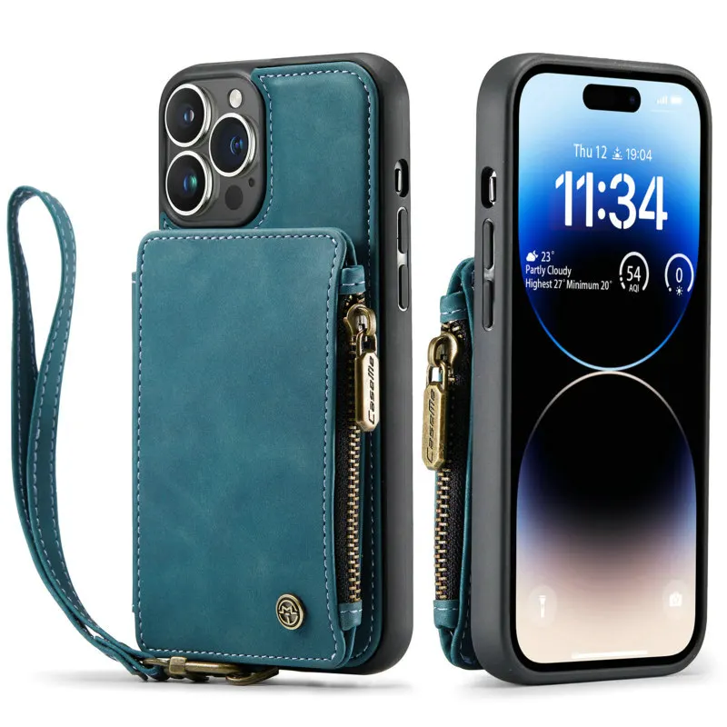 CaseMe 2022 Custodia posteriore in pelle per iPhone 14 12 11 Pro Max Slot per scheda per iPhone SE 12 mini 11 XS XR 7 8 Portafoglio con cerniera Cover posteriore