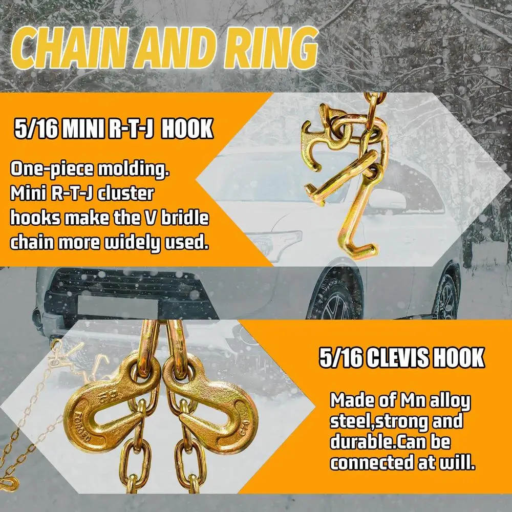 Adjustable V Bridle Tow Chain with R-T-J Cluster Hooks and Grab Hooks 5400 Lbs Working Load Heavy Duty Tow Chain Easy to Use DOT