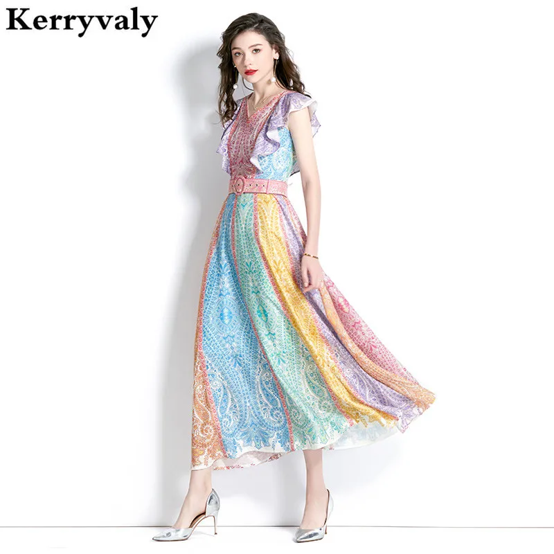 

Summer V-neck Linen Flash Print Long Maxi Dress Women Loose Colorful Midi Party Dress Vestido Largo Elegante Para Fiesta K6646