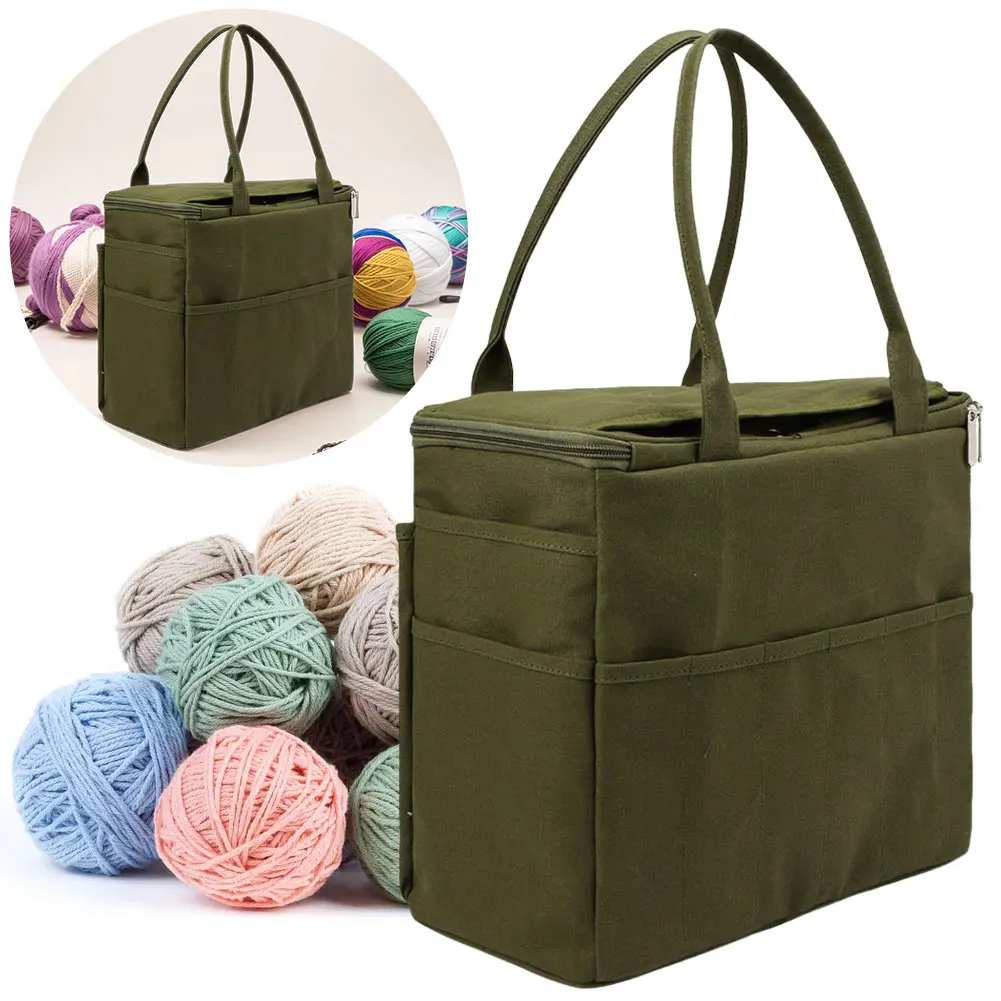 Canvas Yarn Storage Bag Solid Crochet Bag Large Capacity Yarn Holder with Multi-layer Pockets for Hooks Knitting Needles