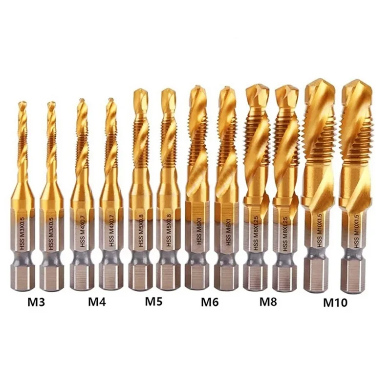 

B62B-12Pcs Titanium Coated HSS Tap Drill Bits Set Hex Shank Screw Thread Bit Screw Machine Compound Tap M3 M 4 M5 M6 M8 M10