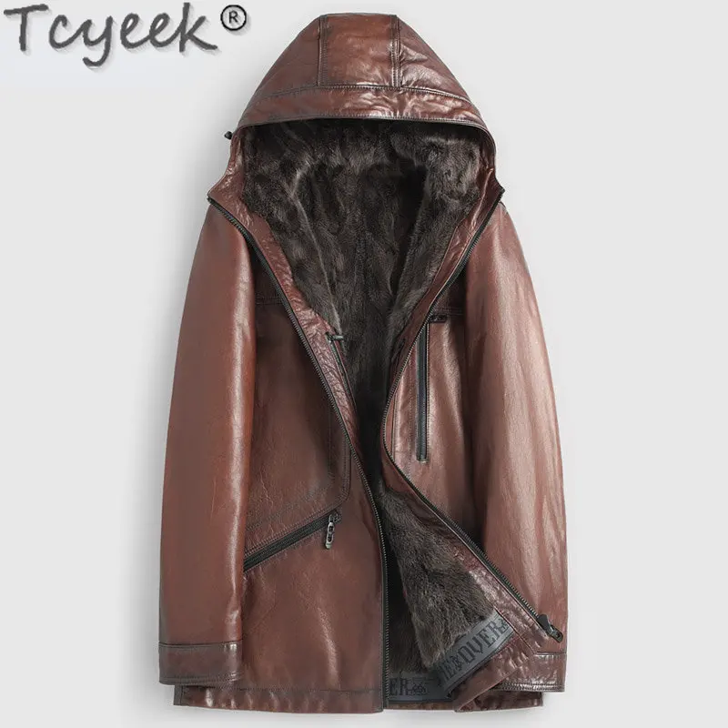 

Tcyeek Real Sleepskin Coat Winter Men Jacket Mink Fur Liner Coats Hooded Mid-Long Genuine Leather Jackets Men Clothes Abrigos LM