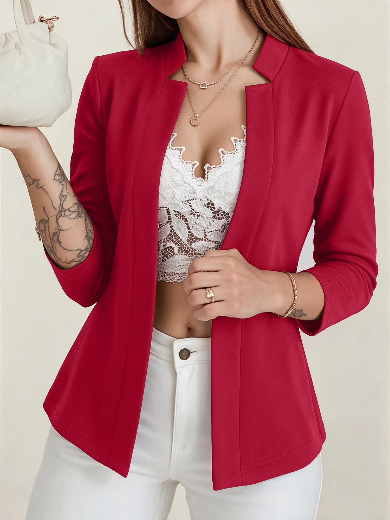 Women Plain Long Sleeve Open Blazer Stand Collar Tailored Office Business Jacket Coat Slim Fit Outerwear In Red And Black