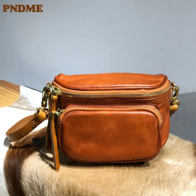 

PNDME fashion outdoor genuine leather ladies small saddle bag casual designer luxury real cowhide women's shoulder crossbody bag