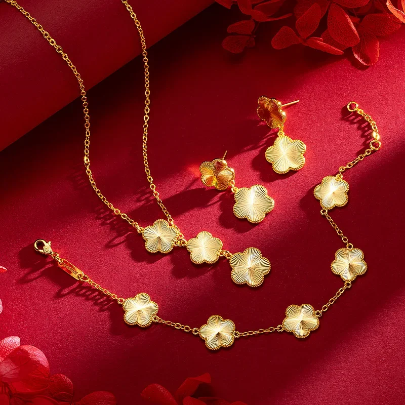 

9999 Real Gold 24K Women's Light Luxury Super Flash Plum Blossom Set Fashion Laser Plum Blossom Bracelet Necklace Stud Earrings