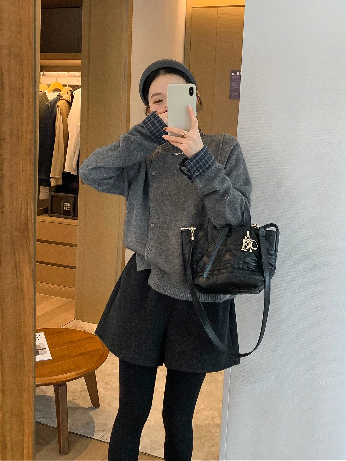 

Love Devil Fish Grey Design Splice Knitted Open Cardigan Women's Loose Fashion Winter New Style Long Sleeve round Neck Top