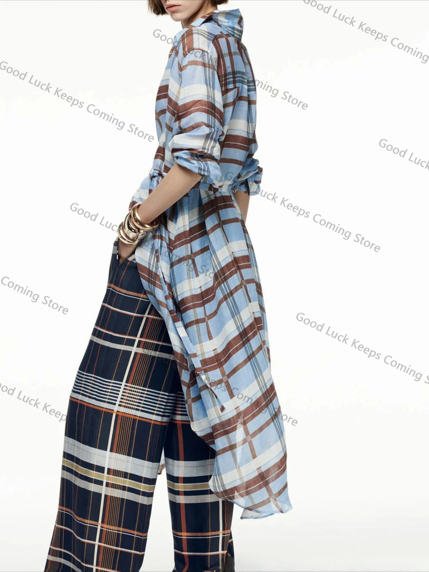 Camicie scozzesi con tasche a maniche lunghe larghe primaverili Camicetta monopetto casual blu da donna Camicia lunga blu Camicia a maniche lunghe femminile