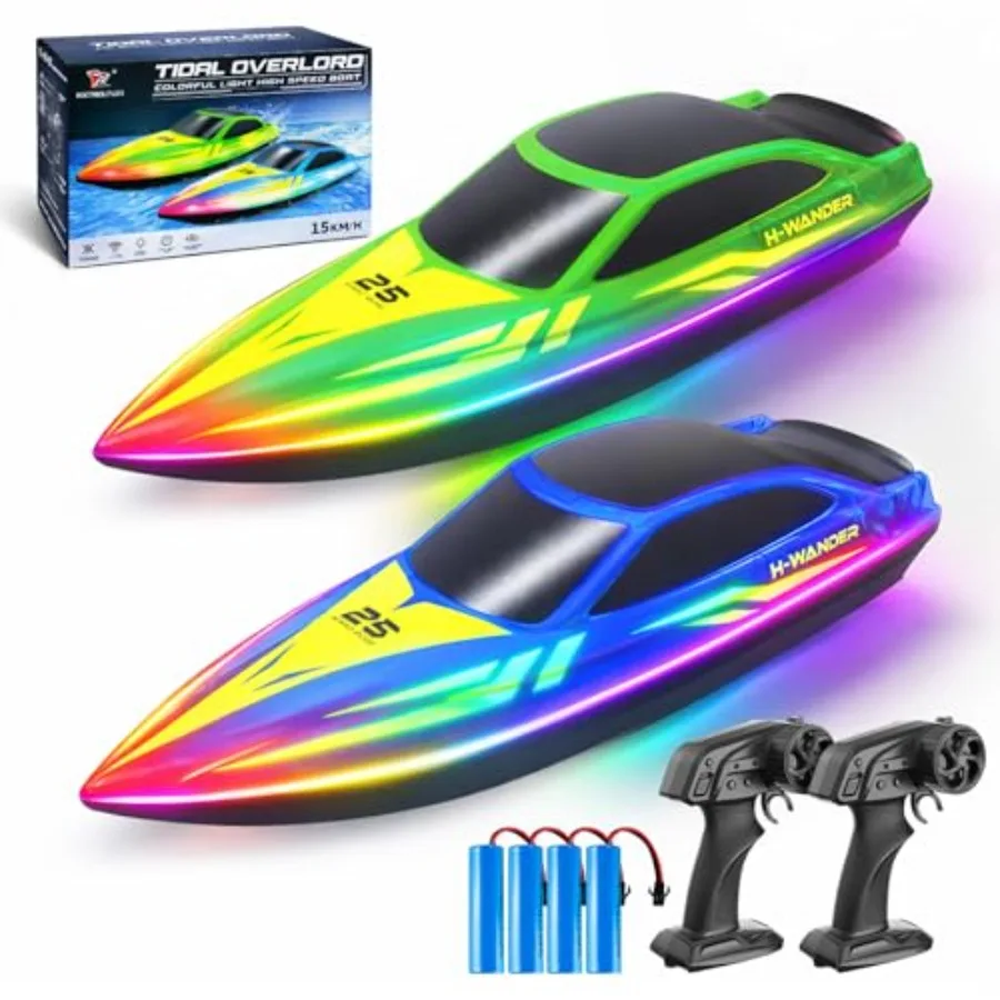 

RC Boat 2 Pack Remote Control Boats with 7-Mode Colorful LED Lights, 10 Inch RC Boats, 15KM/H High Speed, 2.4GHz Remote, 3 Spee