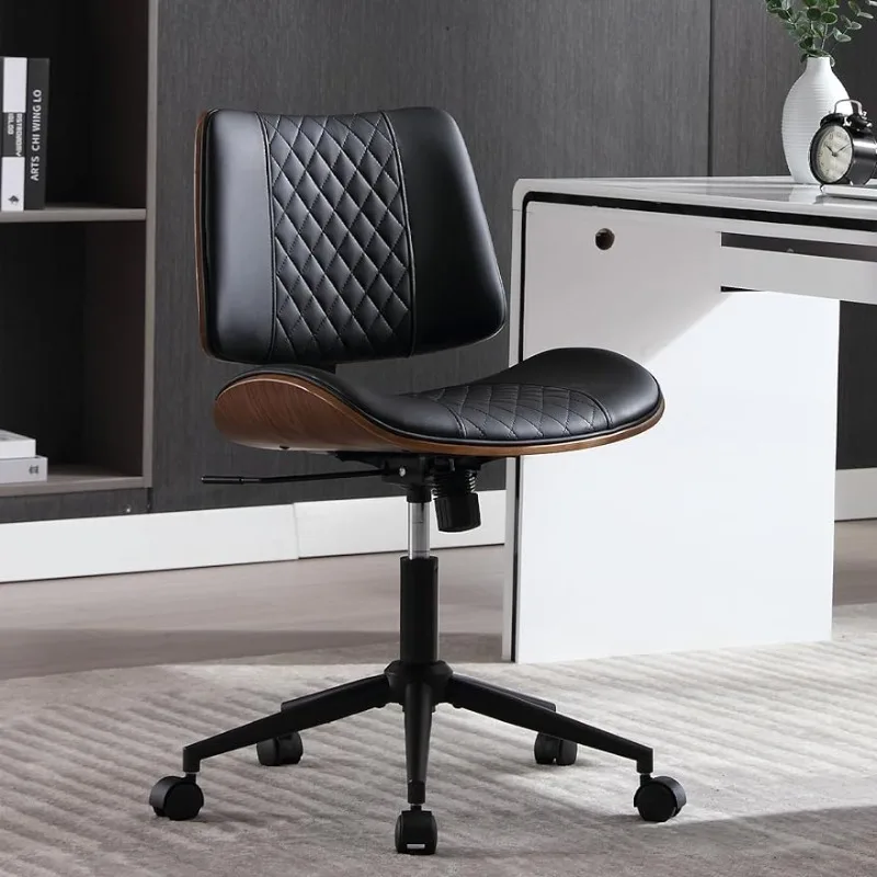 BERYTH Home Office Chair No Arms with Wheels, Adjustable Height Small Desk Chair, PU Leather Mid Back 360 Swivel Computer Chair