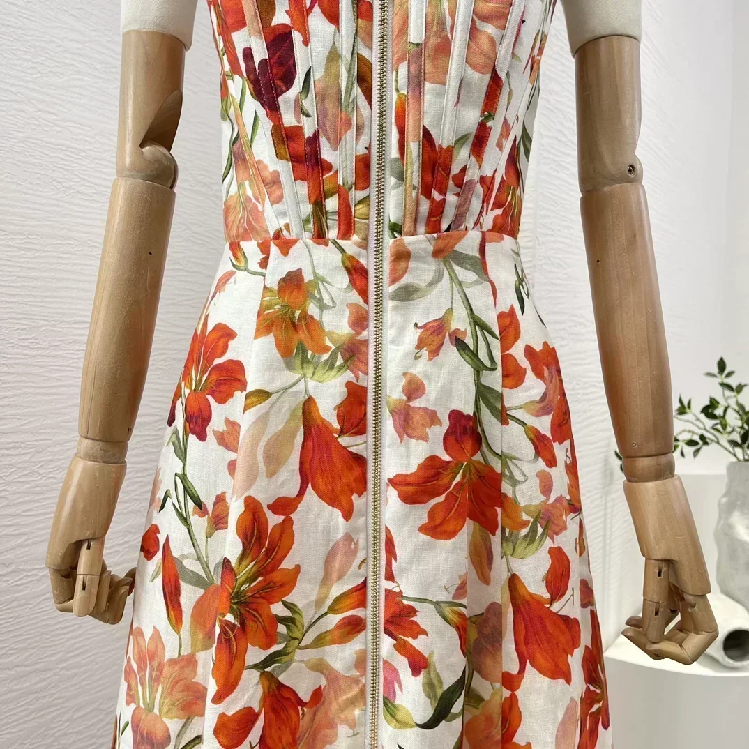 Robe mi-longue rouge à imprimé floral pour femme, robe mi-longue pour les vacances, haute qualité, rétro, fibrisole, fermeture éclair, taille froncée, été, 2024