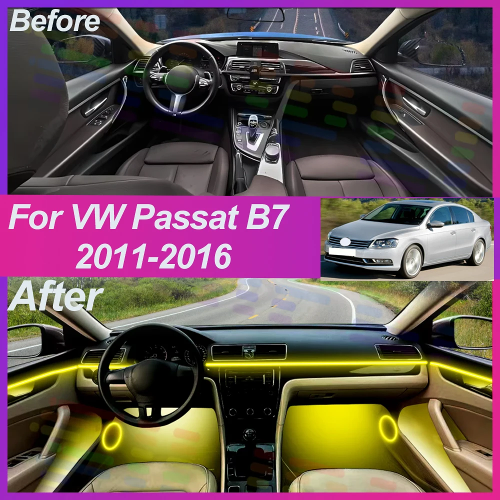 64RGB Neon Car Ambient Lights For Volkswagen Passat B7 2011 2012 2013 2014 2015 2016 LED Interior Hidden Acrylic Strip Atmospher