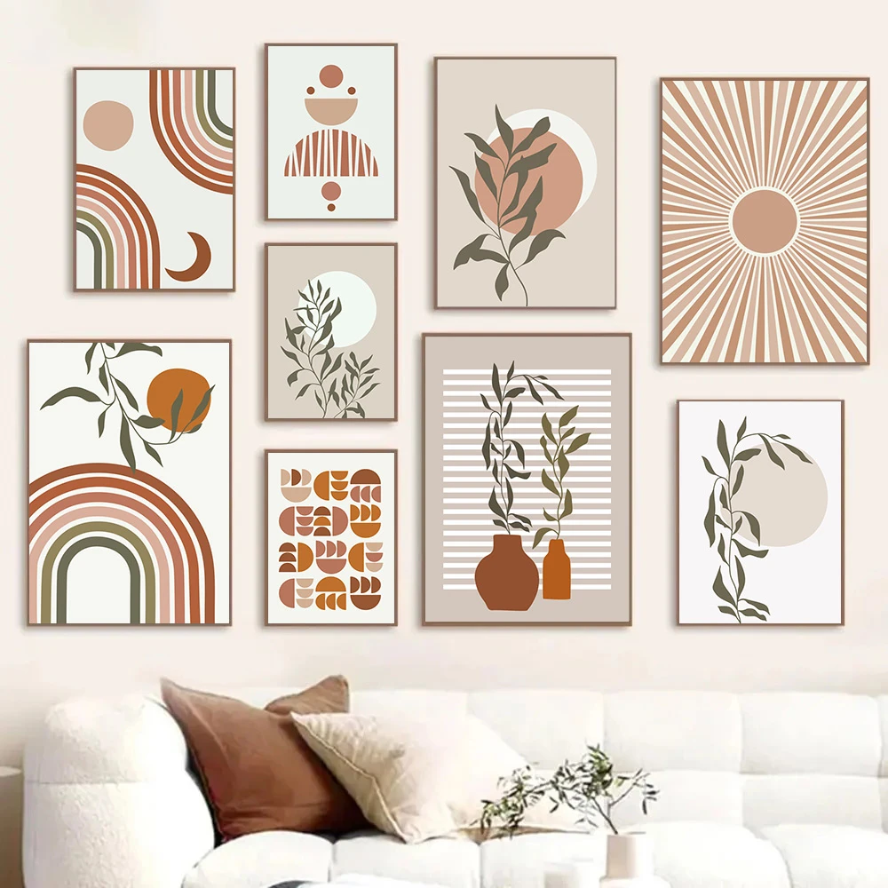 

Abstract Boho Art Print Sun Rainbow Plant Leaf Canvas Painting Nordic Posters And Prints Mid Century Wall Art Picture Home Decor