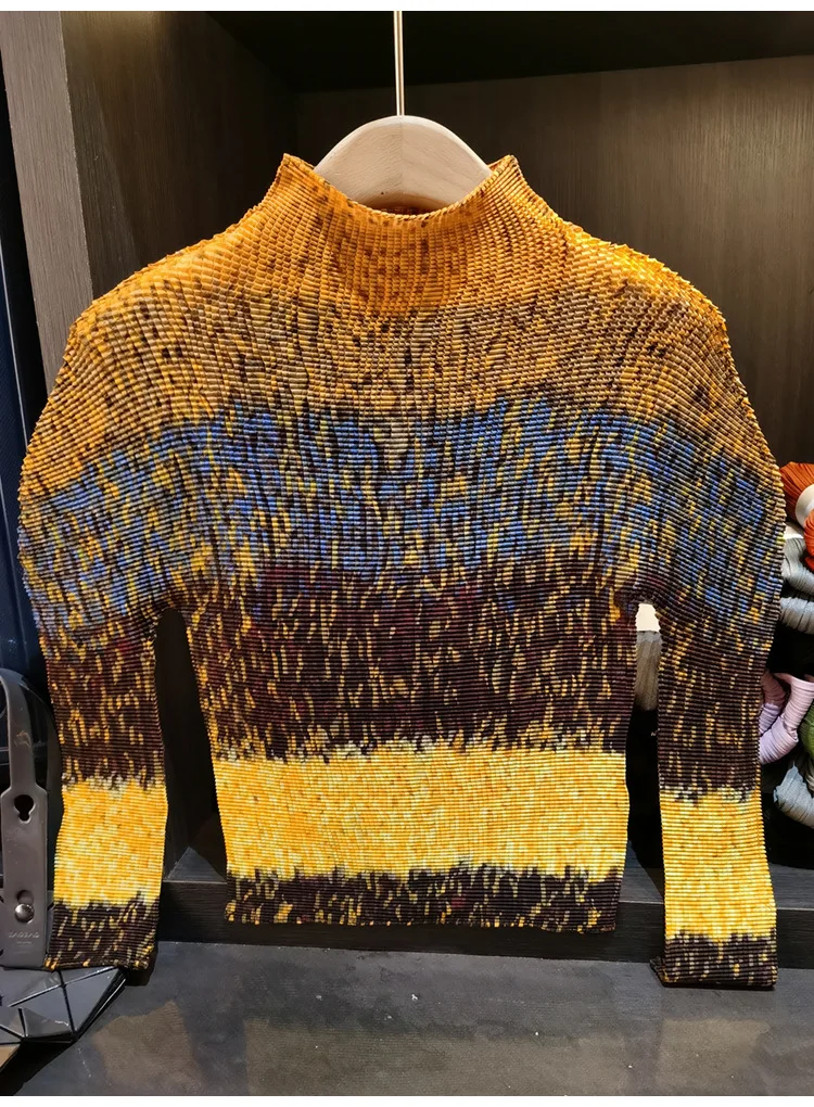 

Gradient Blend Printed Women T-shirt Stand Collar Pleated Long Sleeved New Slim Fit Elastic Corn Grain Design Female Top