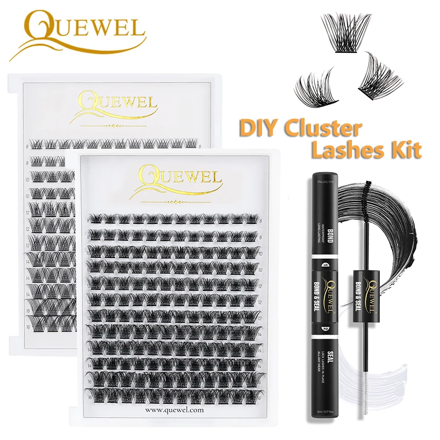 Quewel Lashes Kit 144pcs Cluster Lashes Home DIY Lash Extension 8-16mix with Long Lasting Bond and Seal Lash Glue Waterproof