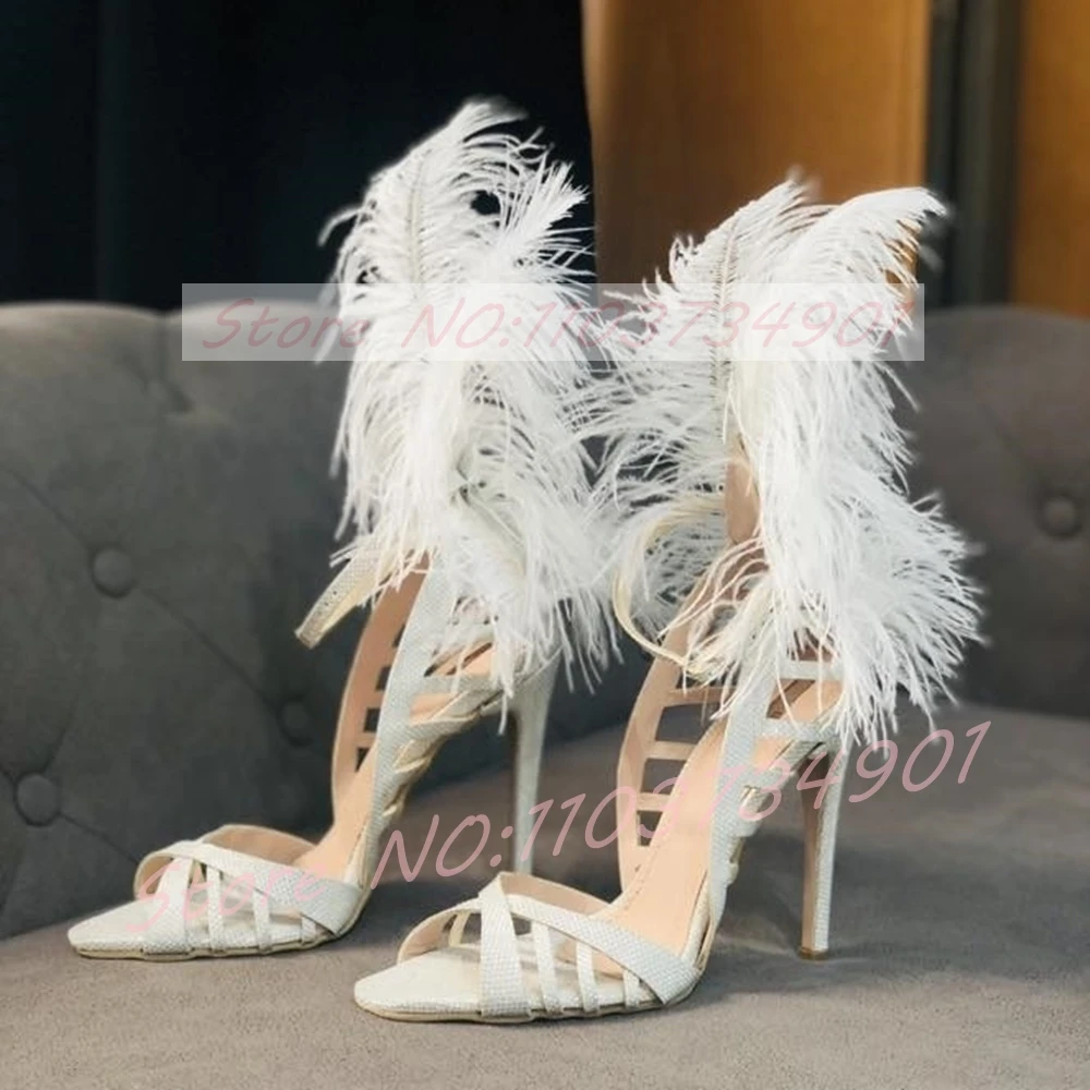 

Glam Feather Sequins Stiletto Sandals Women Sexy White Fur Ankle Strap Open Toe Gladiator Sandals Trendy Classy High Heels Shoes